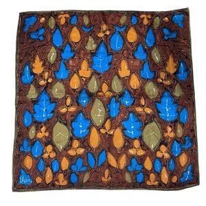 Vintage Vera Neumann Silk Leaves Scarf 27” Square Hand Rolled Hem Turquoise MCM